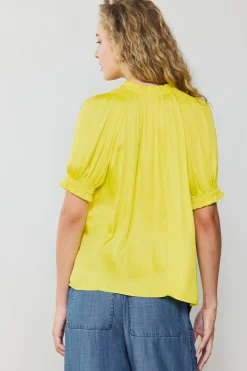 Short Sleeve Tops-Current Air Ruffled Cuff Blouse PINEAPPLE