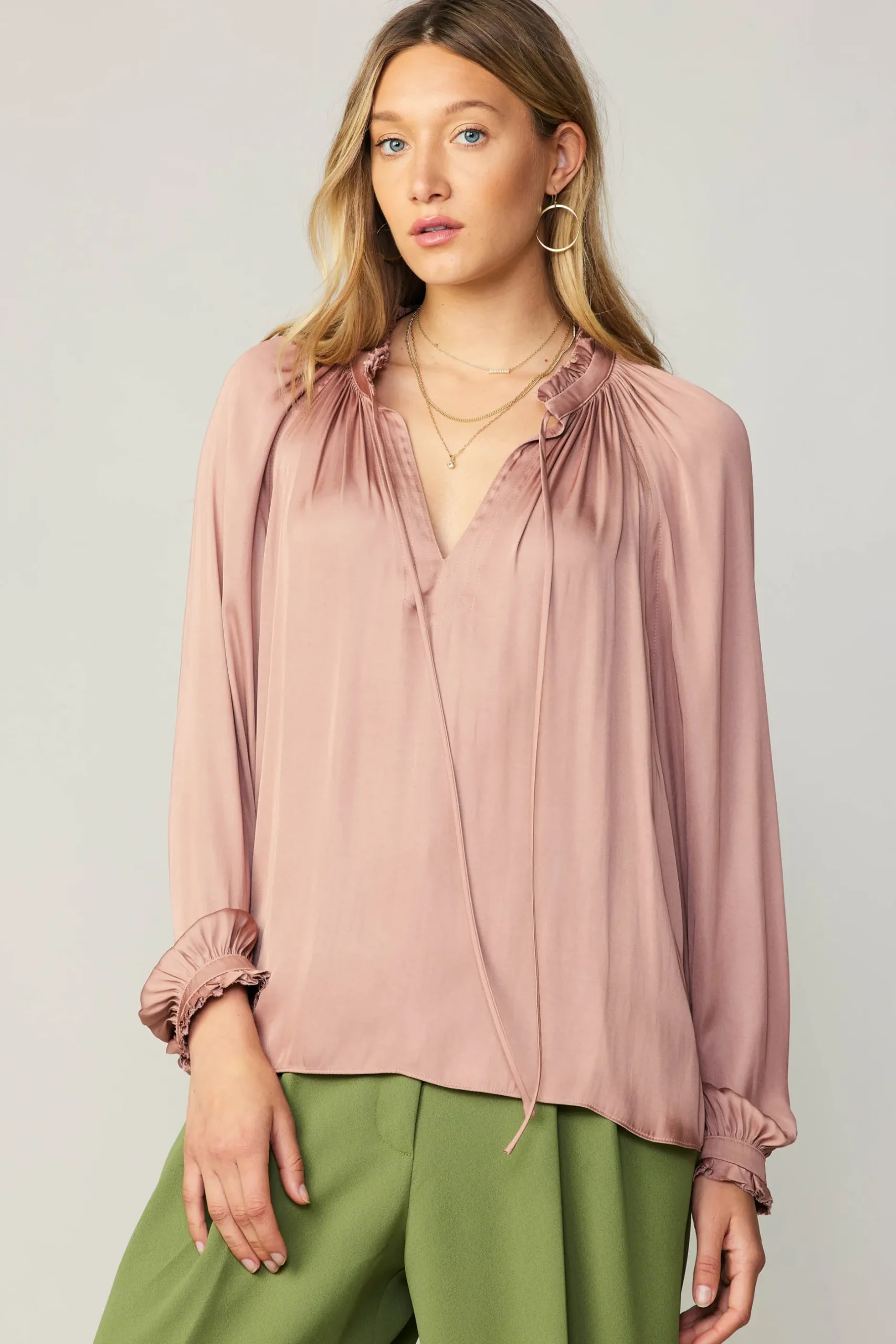 Long Sleeve Tops-Current Air Ruffled Cuff Blouse MAUVE