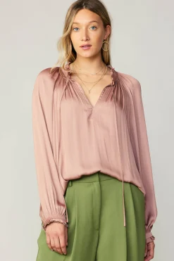 Long Sleeve Tops-Current Air Ruffled Cuff Blouse MAUVE