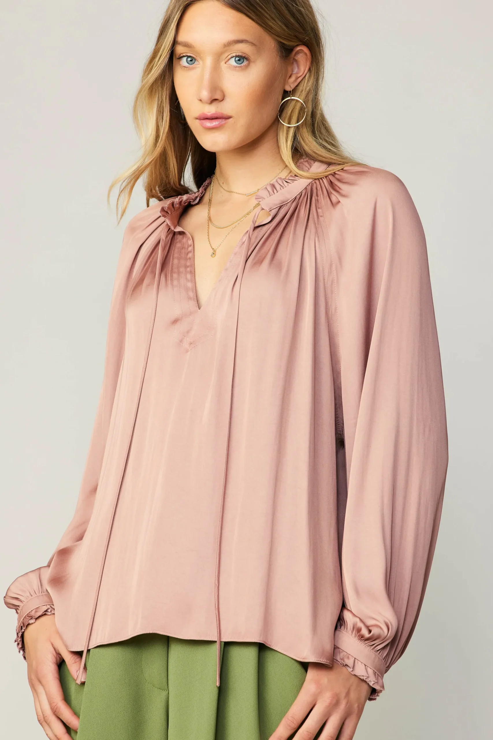 Long Sleeve Tops-Current Air Ruffled Cuff Blouse MAUVE
