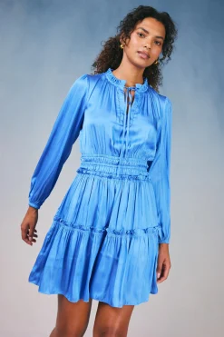 Mini Dresses-Current Air Ruffled Neck Mini Dress AZUREBLUE