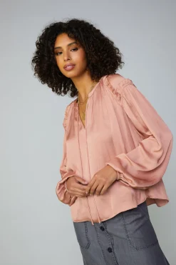 Long Sleeve Tops-Current Air Ruffled Shoulder Blouse DUSTYBLUSH