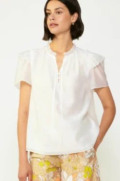 Short Sleeve Tops-Current Air Ruffled Shoulder Blouse WHITE