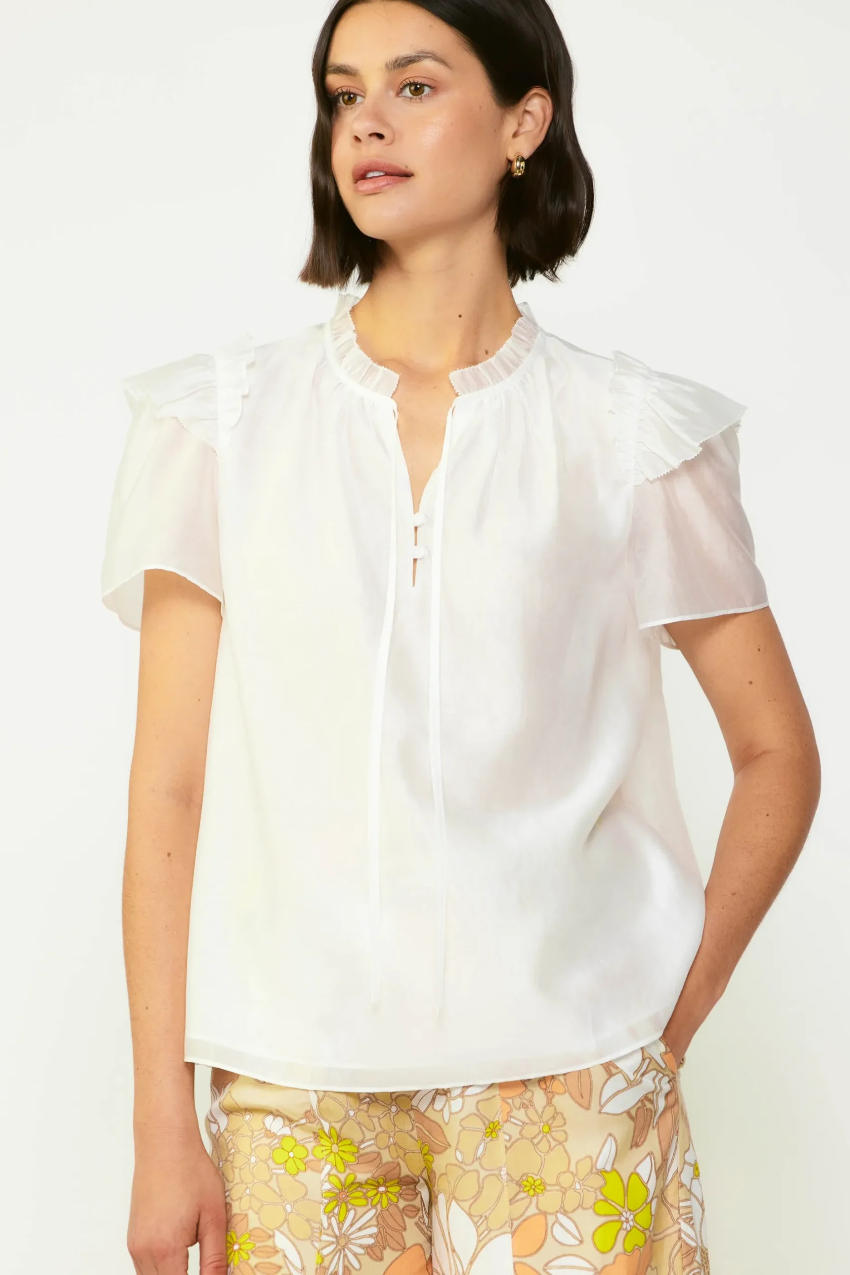 Short Sleeve Tops-Current Air Ruffled Shoulder Blouse WHITE