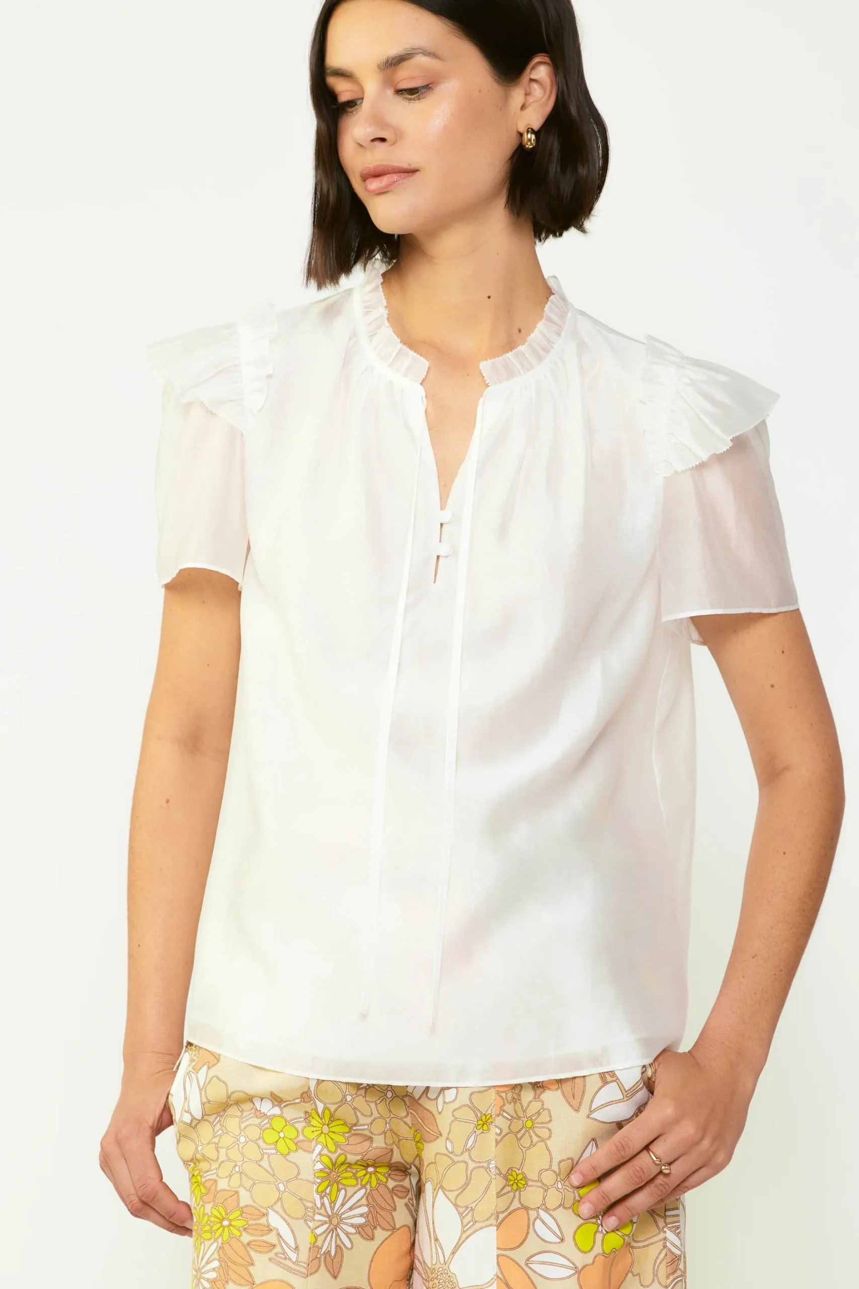 Short Sleeve Tops-Current Air Ruffled Shoulder Blouse WHITE