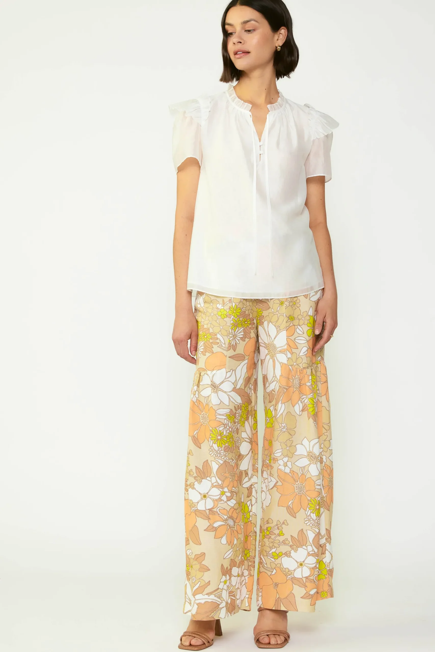 Short Sleeve Tops-Current Air Ruffled Shoulder Blouse WHITE