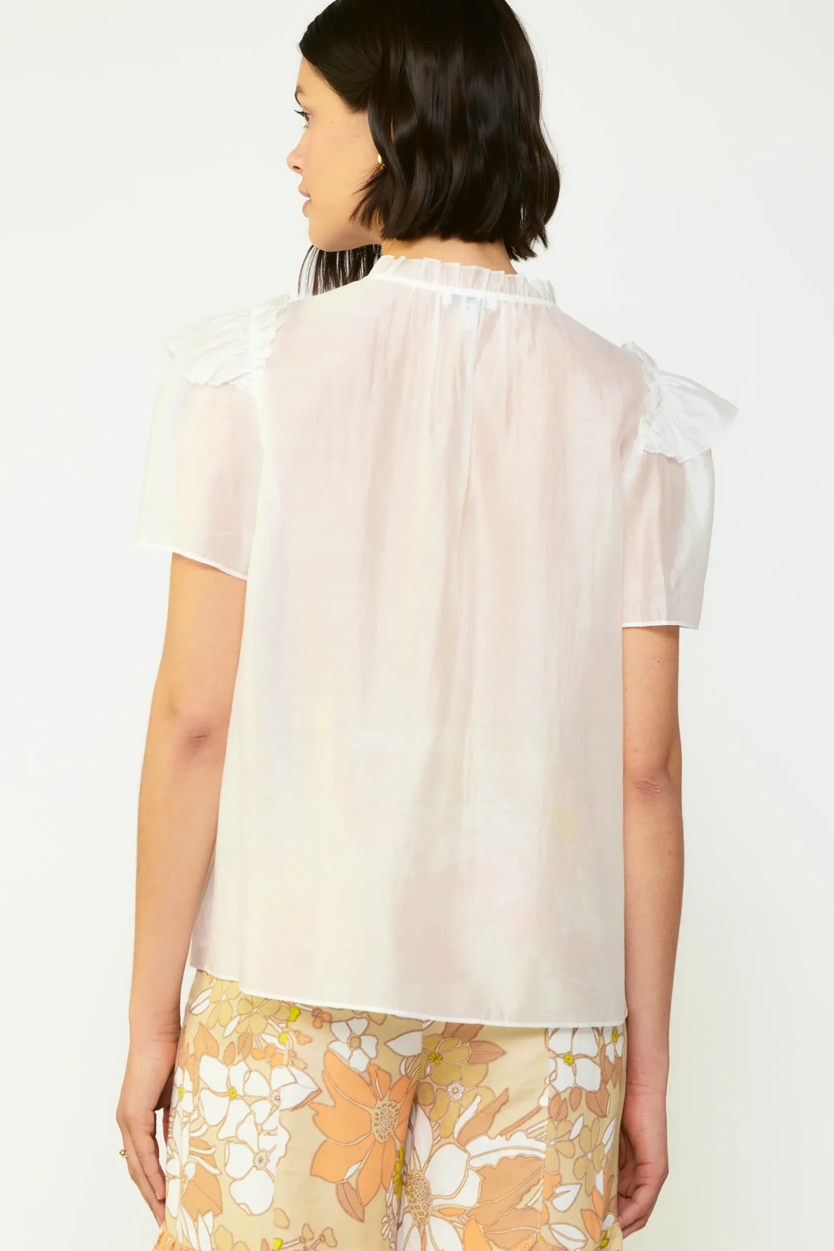 Short Sleeve Tops-Current Air Ruffled Shoulder Blouse WHITE