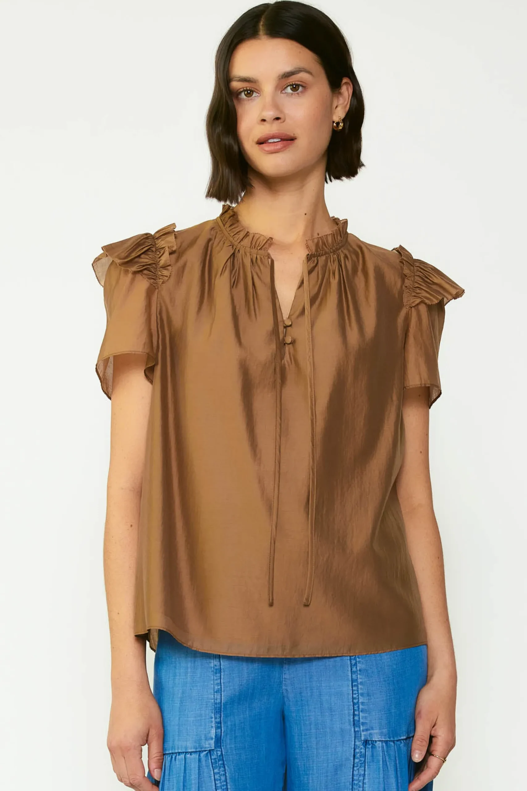Short Sleeve Tops-Current Air Ruffled Shoulder Blouse BROWN