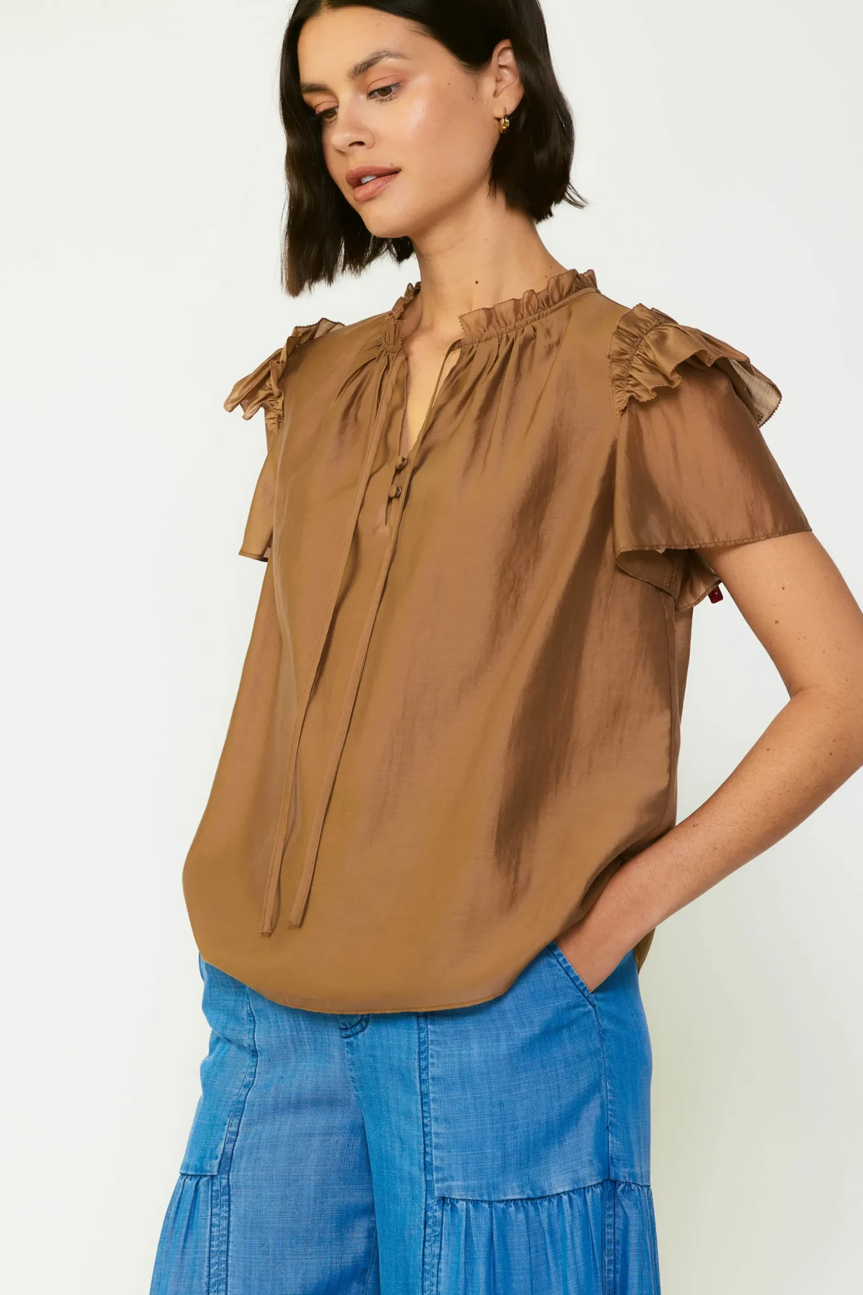 Short Sleeve Tops-Current Air Ruffled Shoulder Blouse BROWN