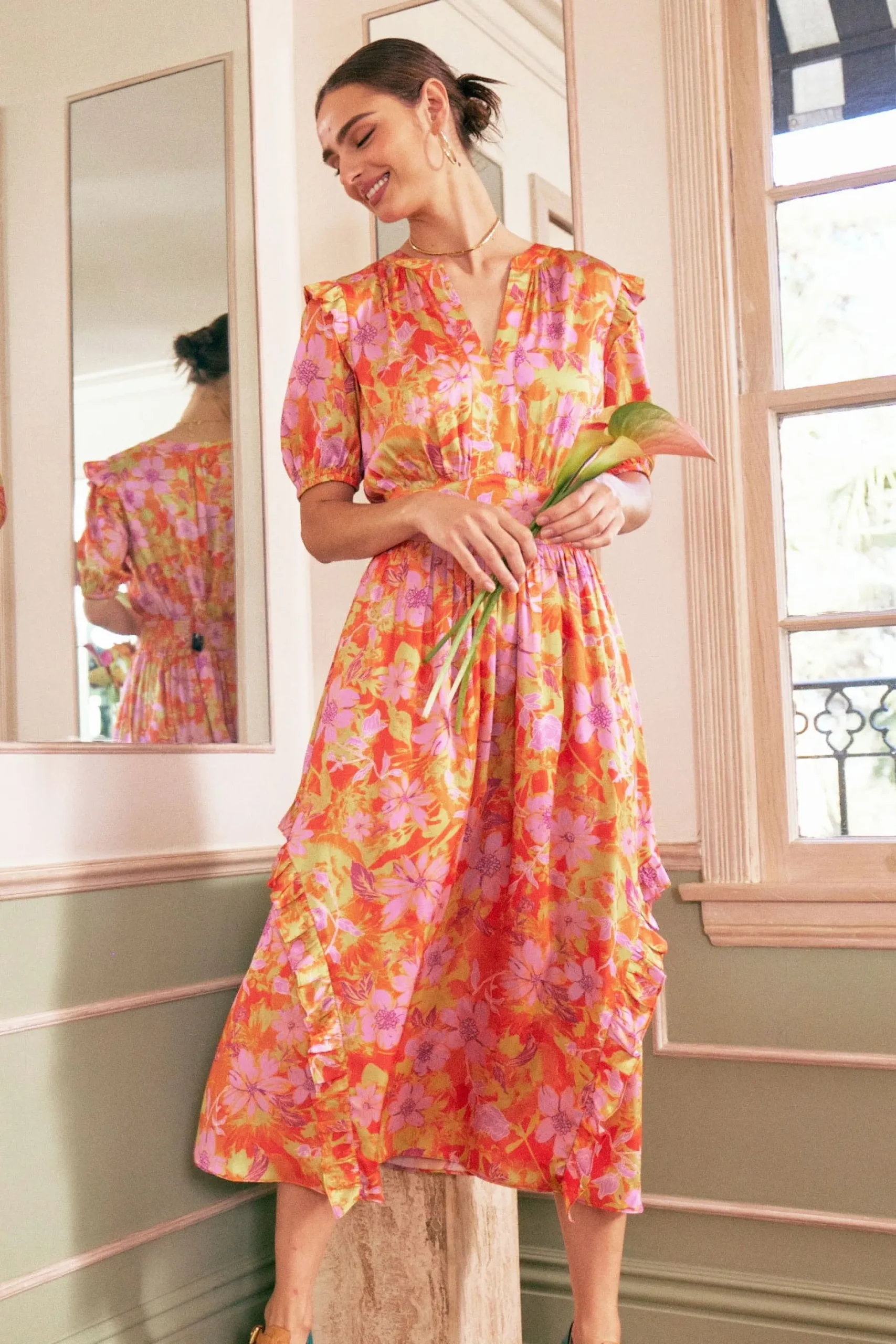 Midi Dresses-Current Air Ruffled Shoulder Floral Midi Dress ORANGEPINK