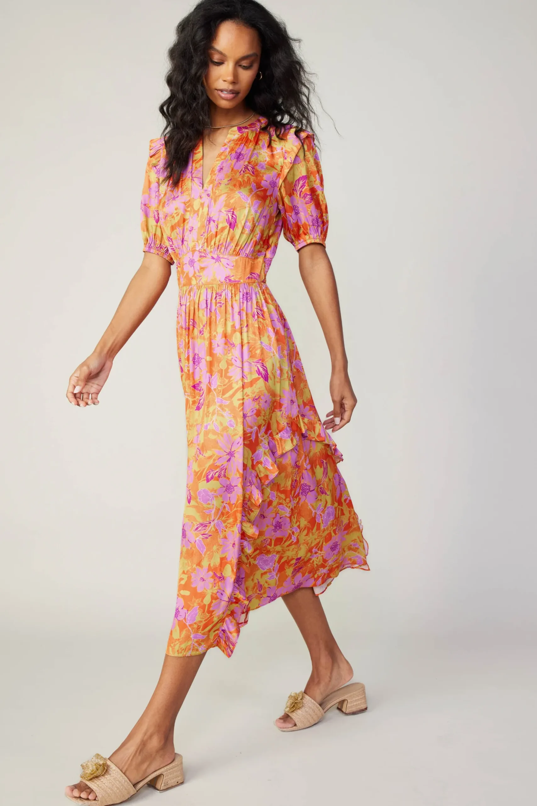 Midi Dresses-Current Air Ruffled Shoulder Floral Midi Dress ORANGEPINK