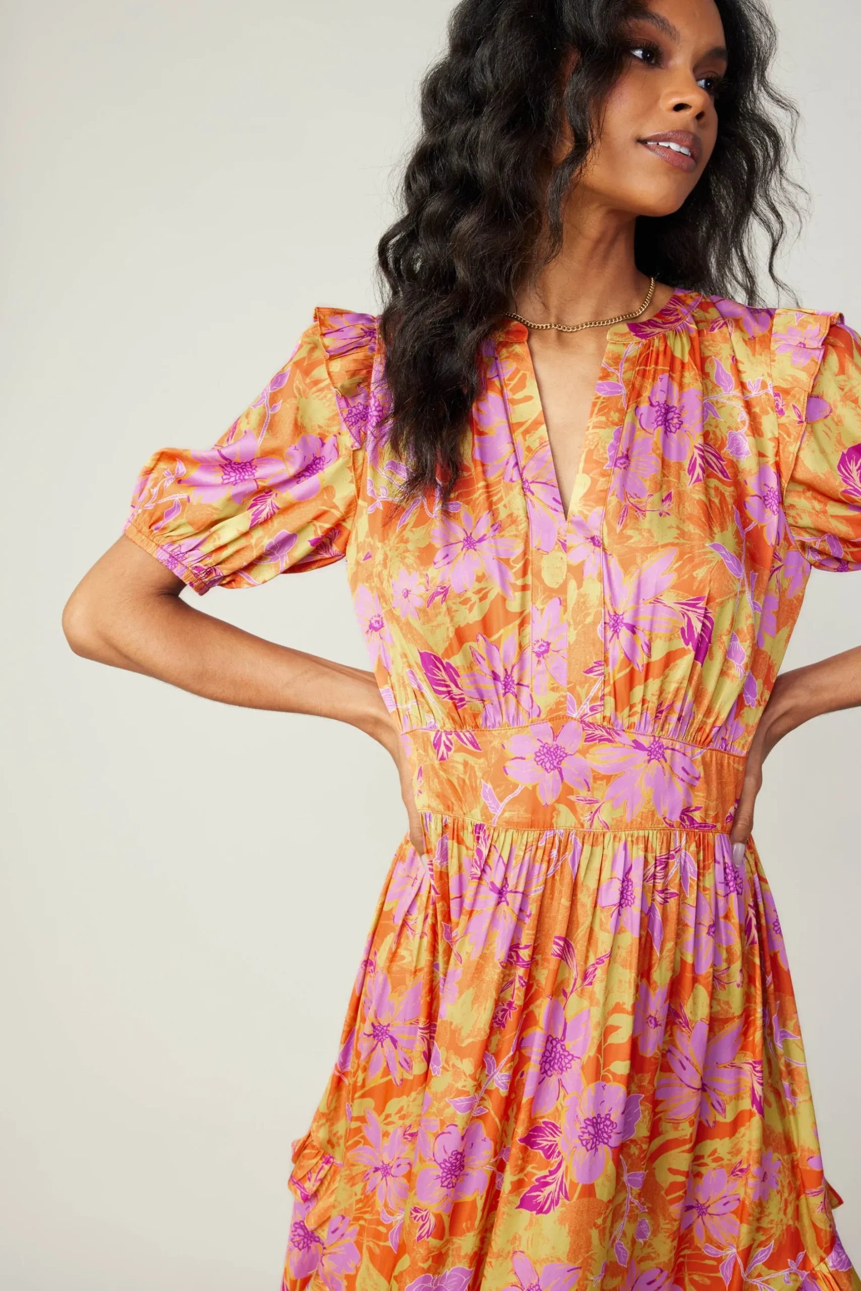Midi Dresses-Current Air Ruffled Shoulder Floral Midi Dress ORANGEPINK