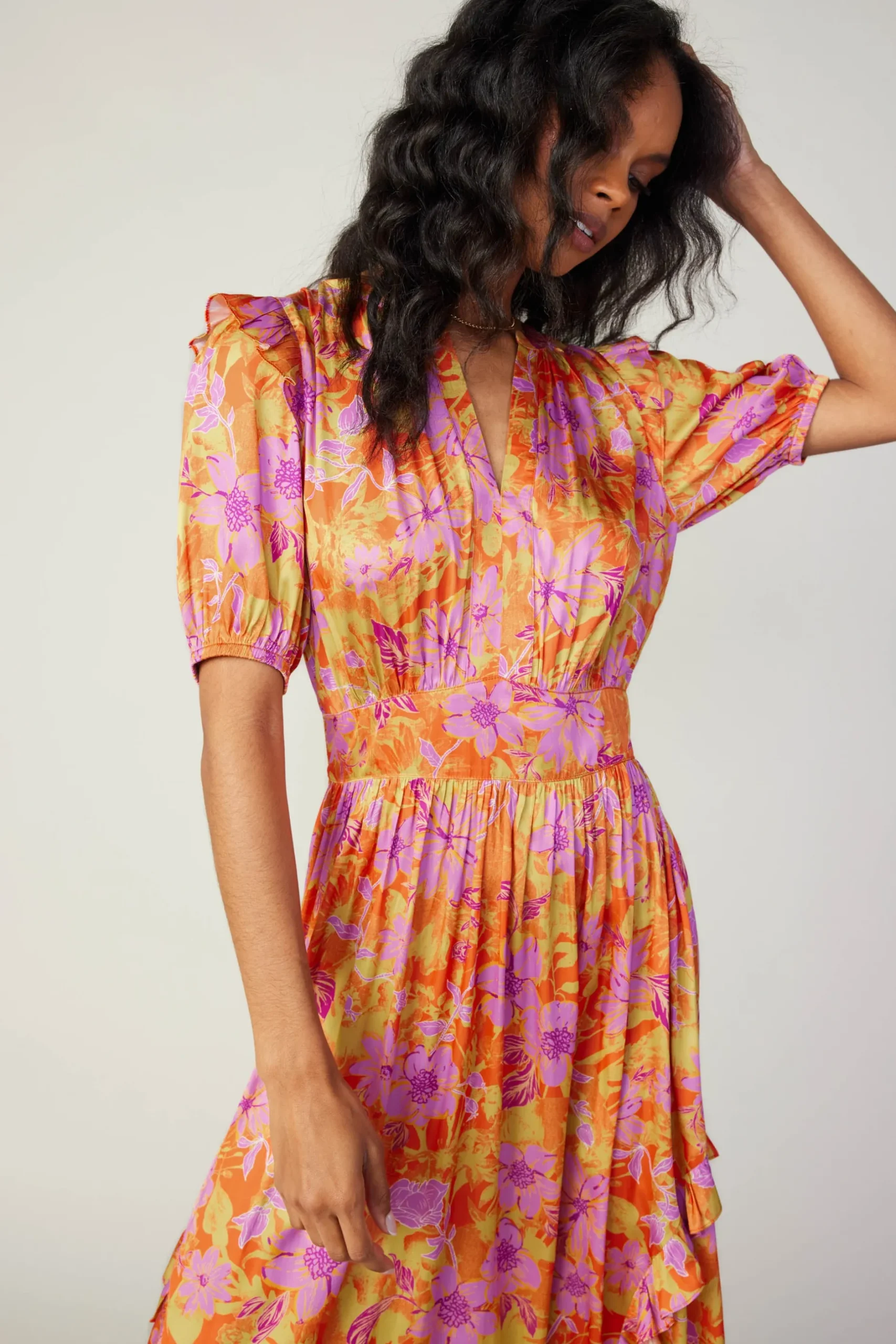 Midi Dresses-Current Air Ruffled Shoulder Floral Midi Dress ORANGEPINK