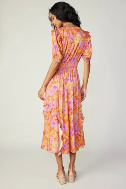Midi Dresses-Current Air Ruffled Shoulder Floral Midi Dress ORANGEPINK