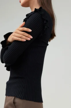 Knitwear|Long Sleeve Tops-Current Air Ruffled Shoulder Top BLACK