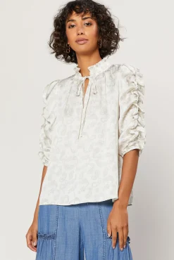 Long Sleeve Tops-Current Air Ruffled Sleeve Jacquard Top IVORY