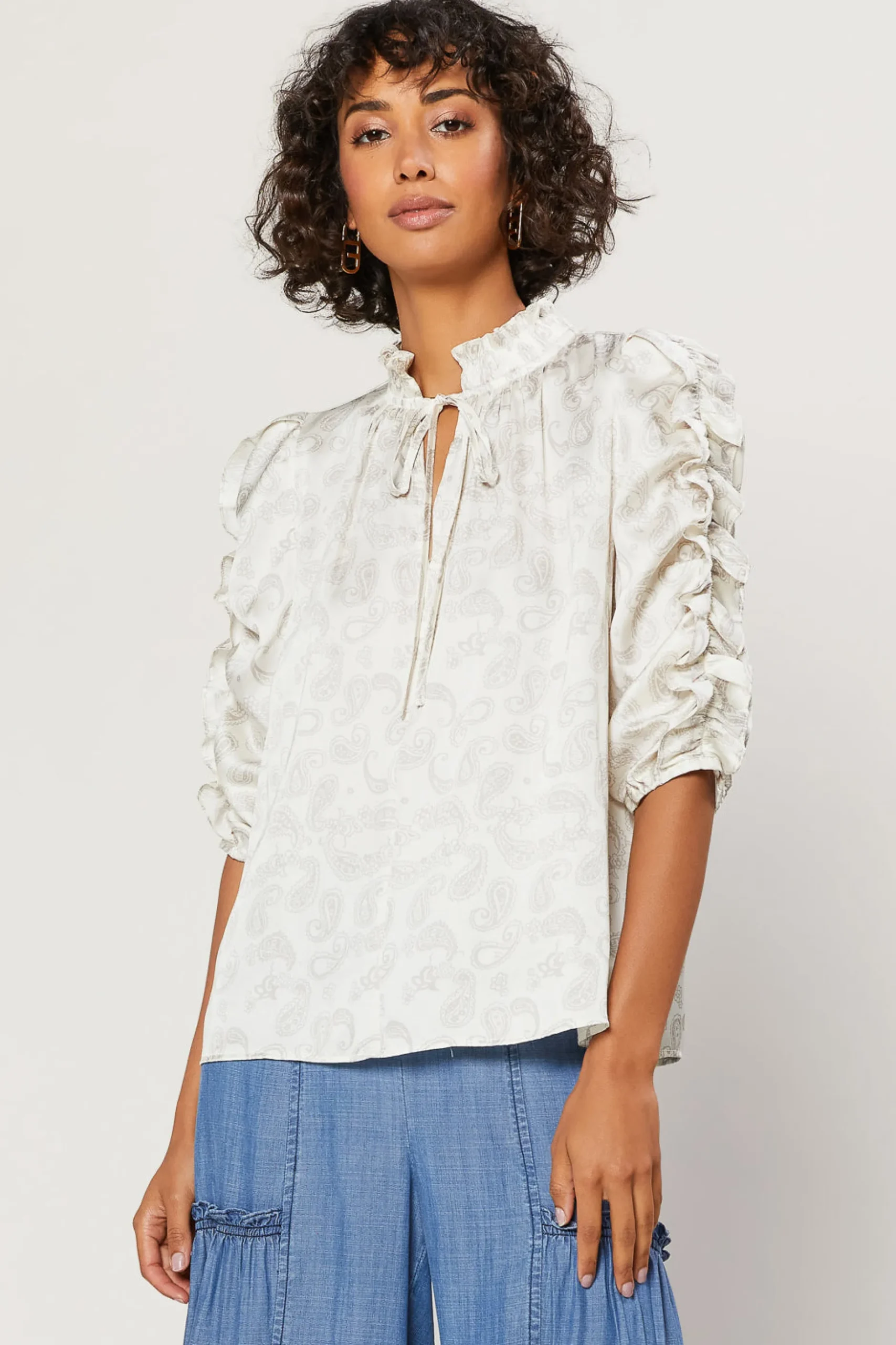 Long Sleeve Tops-Current Air Ruffled Sleeve Jacquard Top IVORY