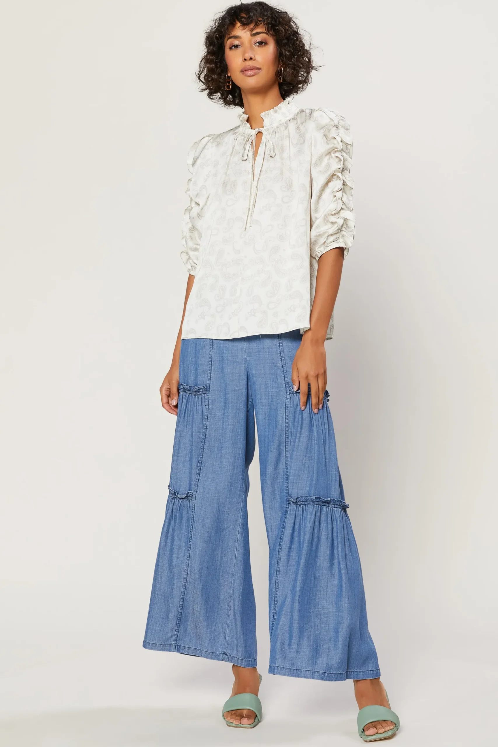 Long Sleeve Tops-Current Air Ruffled Sleeve Jacquard Top IVORY