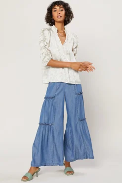 Long Sleeve Tops-Current Air Ruffled Sleeve Jacquard Top IVORY