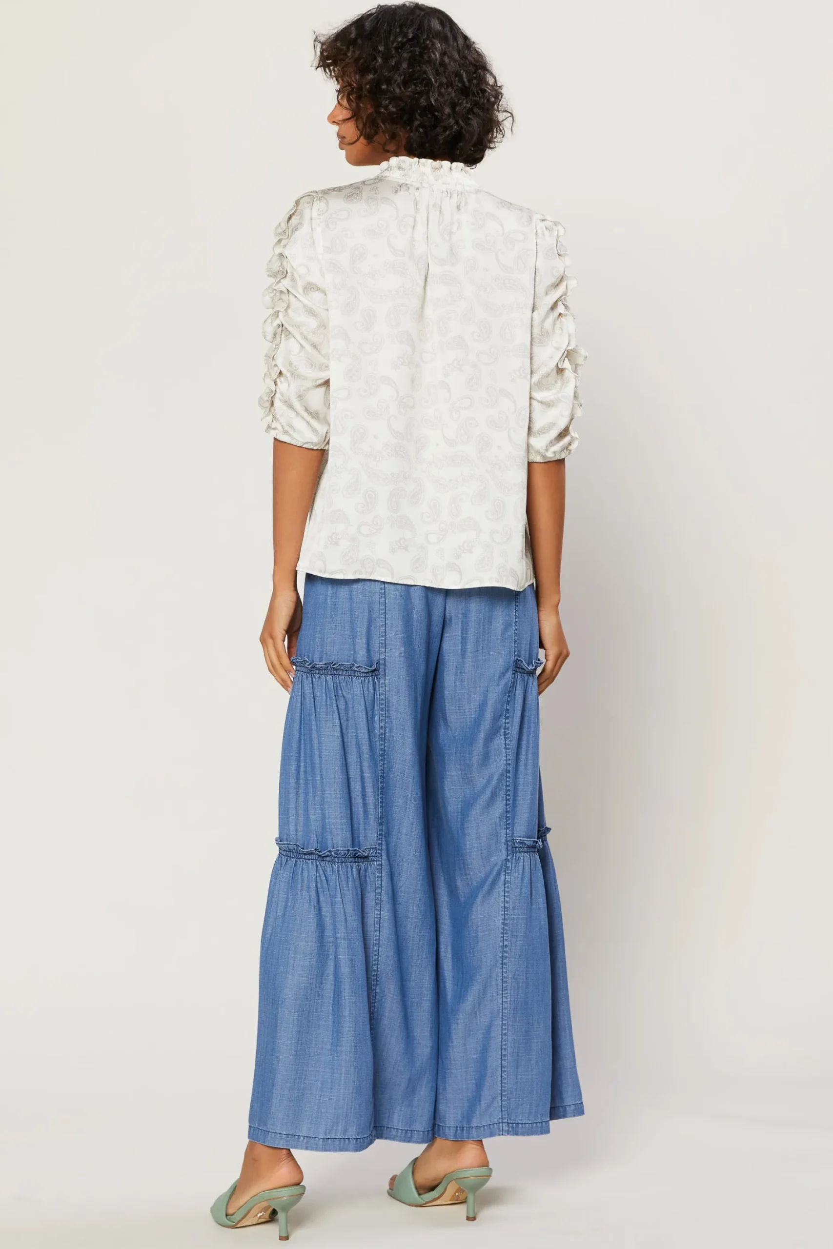 Long Sleeve Tops-Current Air Ruffled Sleeve Jacquard Top IVORY