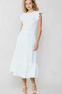 Knitwear|Midi Dresses-Current Air Ruffled Sleeve Sweater Dress WHITE