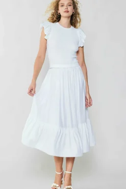 Knitwear|Midi Dresses-Current Air Ruffled Sleeve Sweater Dress WHITE