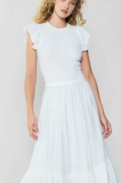 Knitwear|Midi Dresses-Current Air Ruffled Sleeve Sweater Dress WHITE