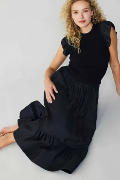 Midi Dresses-Current Air Ruffled Sleeve Sweater Dress BLACK