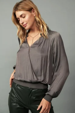 Long Sleeve Tops-Current Air Ruffled Surplice Blouse TAUPEGREY
