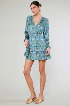 Mini Dresses-Current Air Ruffled Surplice Floral Mini Dress GREEN