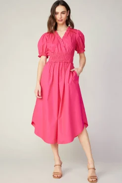 Midi Dresses-Current Air Ruffled Surplice Midi Dress FUCHSIA