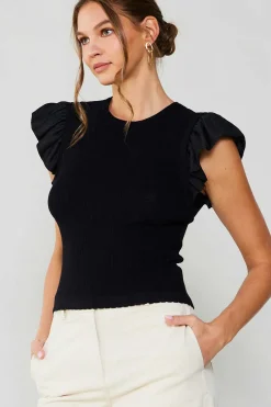 Knitwear|Sleeveless Tops-Current Air Ruffled Sweater Knit Tank BLACK