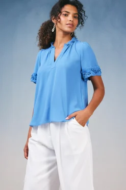 Short Sleeve Tops-Current Air Ruffled Trim Blouse FADEDBLUE
