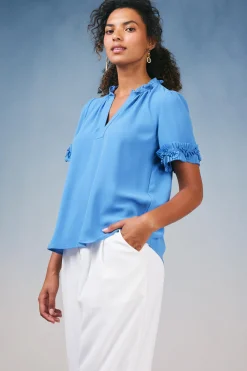 Short Sleeve Tops-Current Air Ruffled Trim Blouse FADEDBLUE