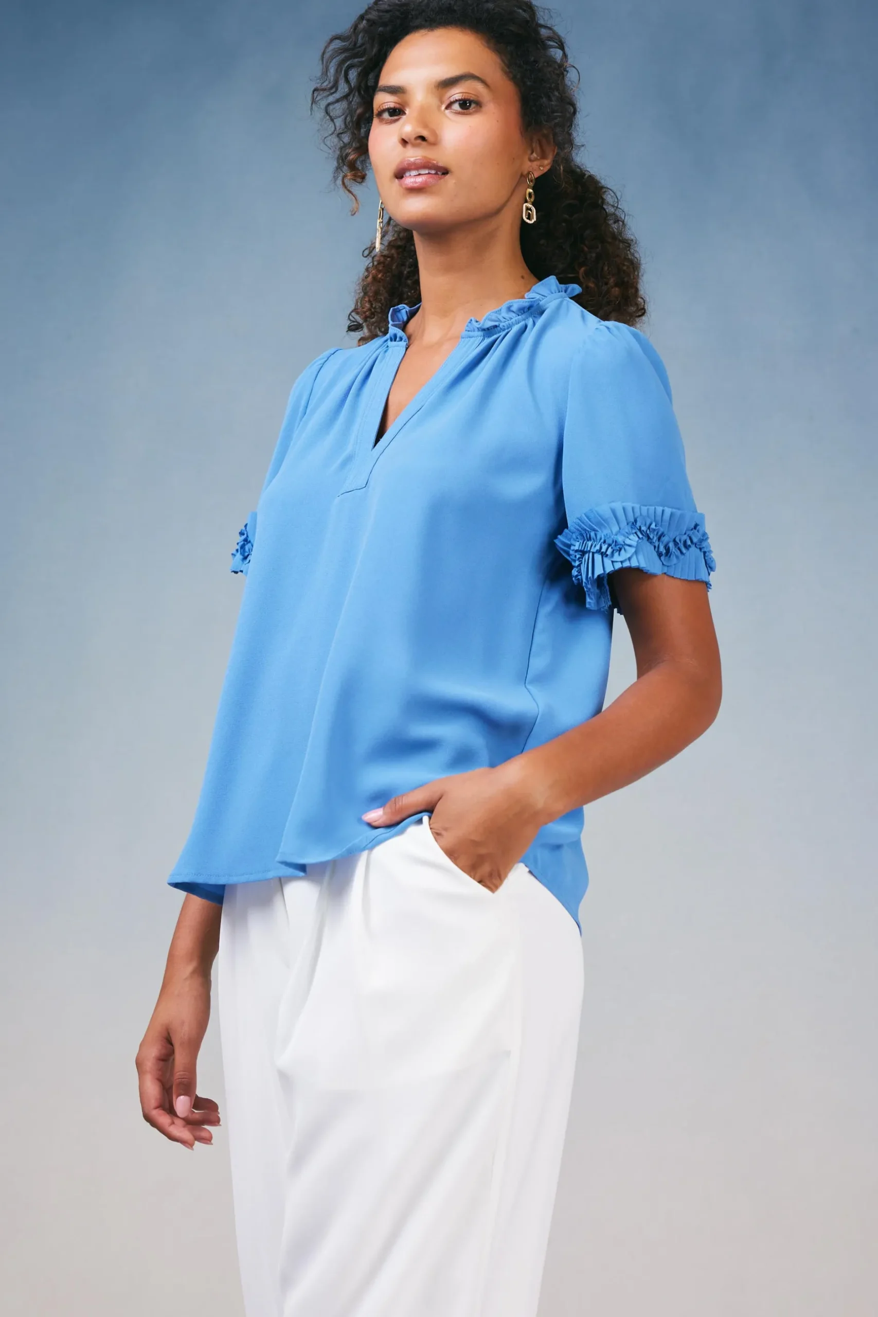 Short Sleeve Tops-Current Air Ruffled Trim Blouse FADEDBLUE