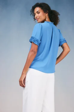 Short Sleeve Tops-Current Air Ruffled Trim Blouse FADEDBLUE