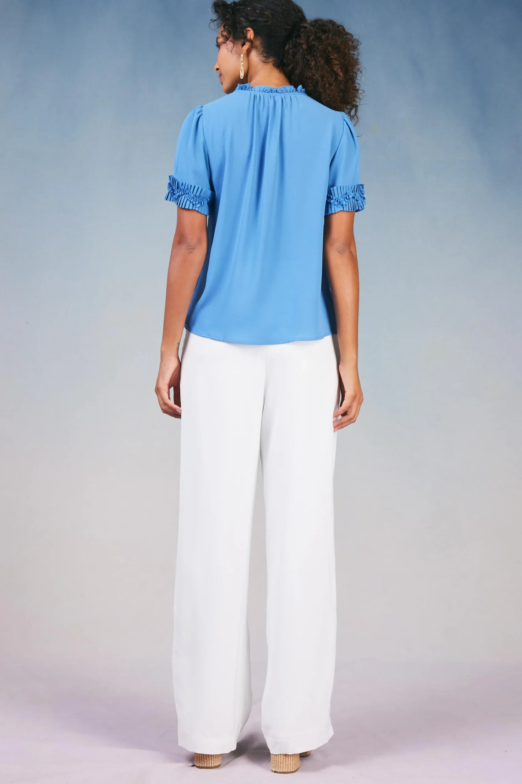 Short Sleeve Tops-Current Air Ruffled Trim Blouse FADEDBLUE
