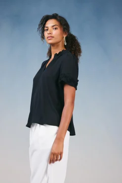 Short Sleeve Tops-Current Air Ruffled Trim Blouse BLACK