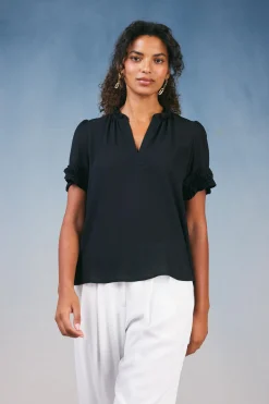 Short Sleeve Tops-Current Air Ruffled Trim Blouse BLACK
