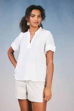 Short Sleeve Tops-Current Air Ruffled Trim Blouse WHITE