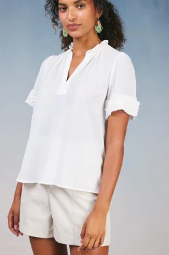 Short Sleeve Tops-Current Air Ruffled Trim Blouse WHITE