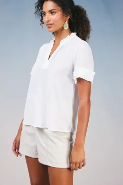 Short Sleeve Tops-Current Air Ruffled Trim Blouse WHITE