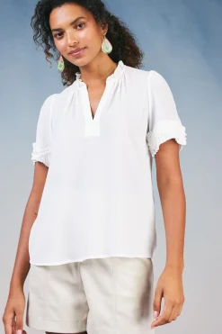 Short Sleeve Tops-Current Air Ruffled Trim Blouse WHITE