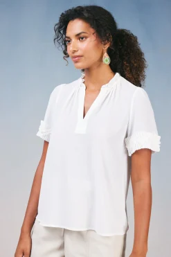 Short Sleeve Tops-Current Air Ruffled Trim Blouse WHITE
