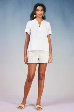 Short Sleeve Tops-Current Air Ruffled Trim Blouse WHITE