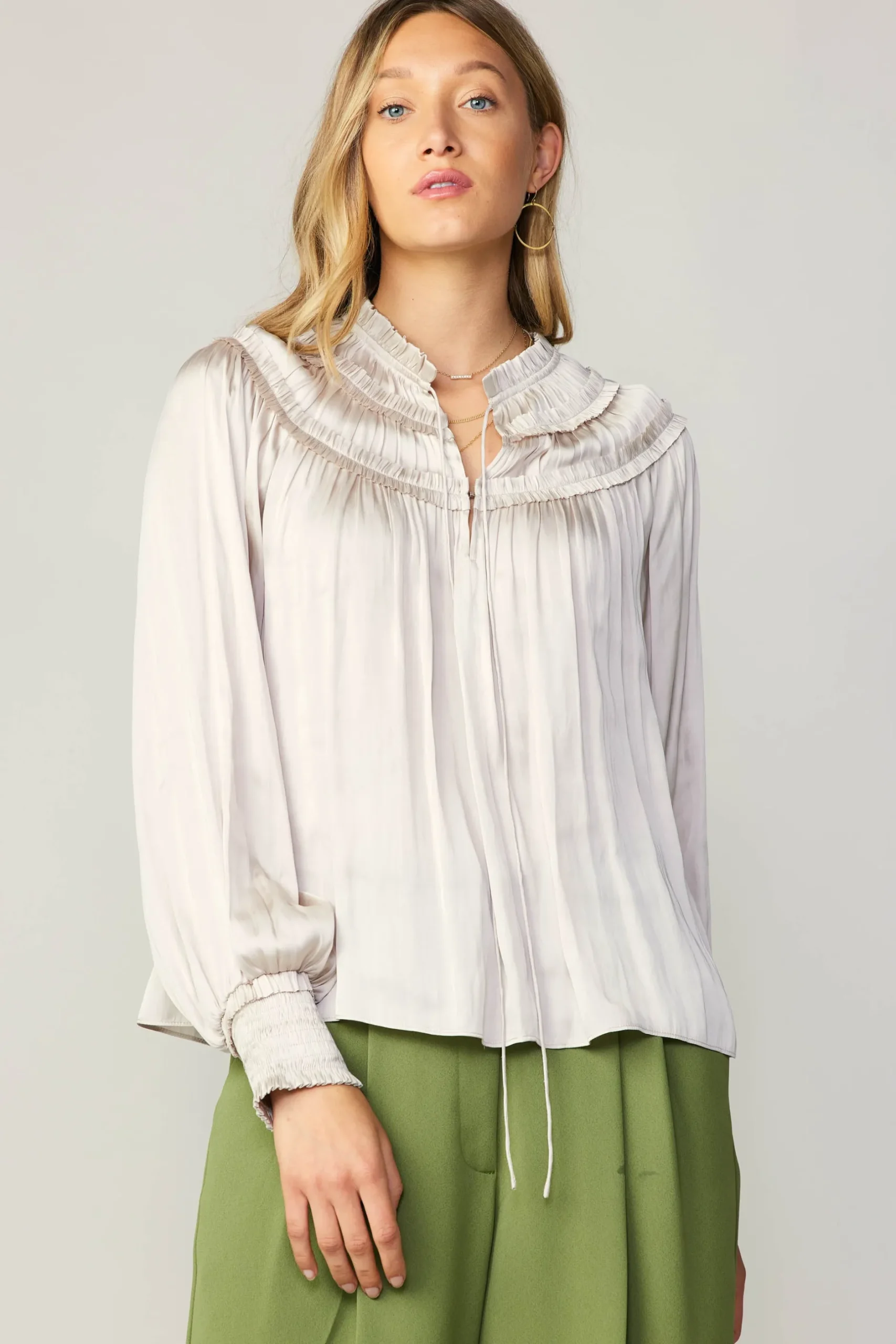 Long Sleeve Tops-Current Air Ruffled Yoke Blouse ECRU