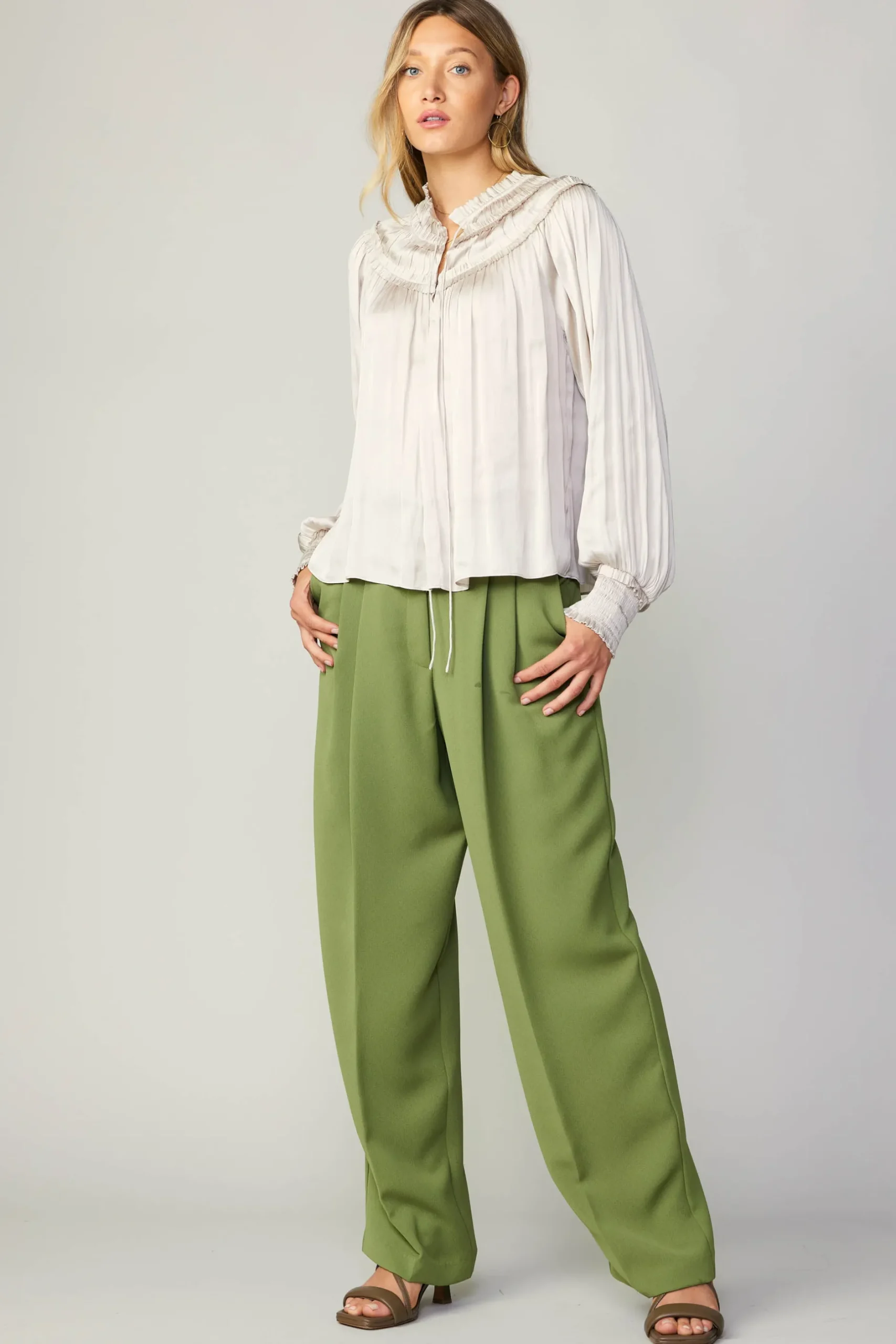 Long Sleeve Tops-Current Air Ruffled Yoke Blouse ECRU