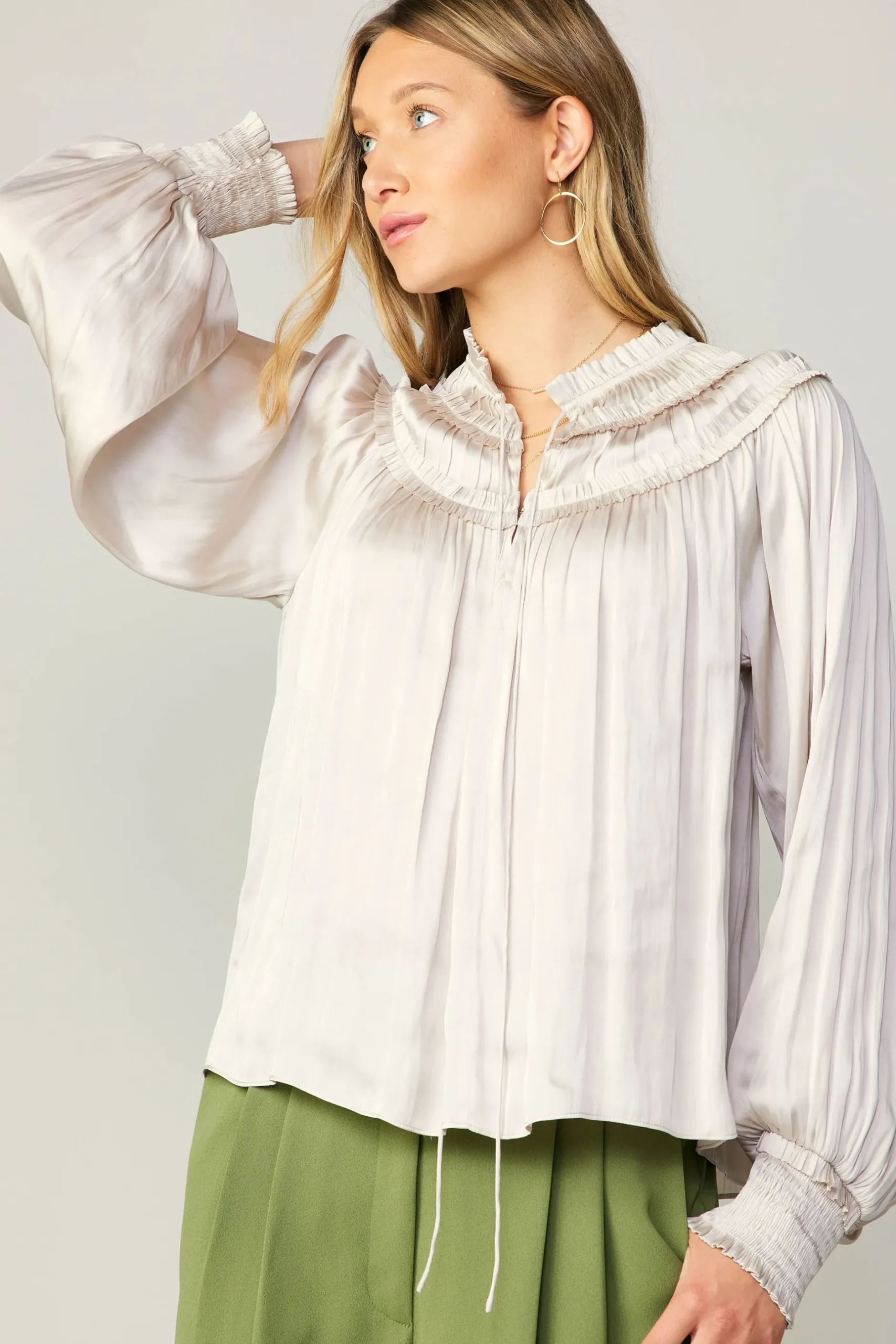 Long Sleeve Tops-Current Air Ruffled Yoke Blouse ECRU