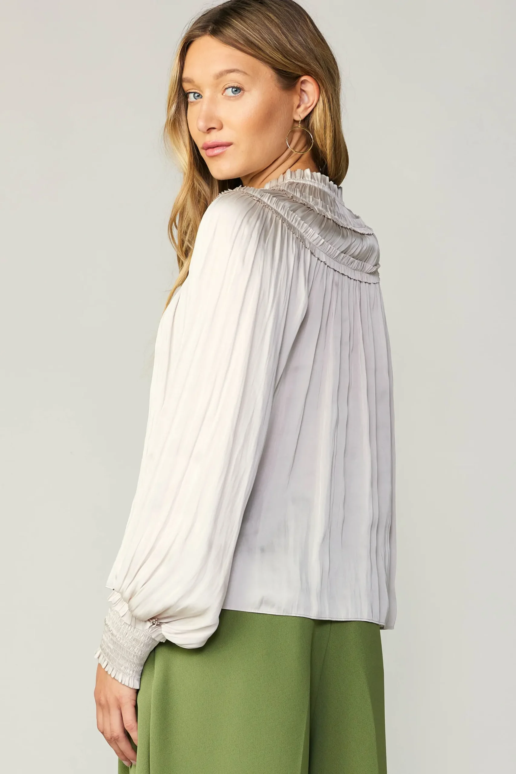 Long Sleeve Tops-Current Air Ruffled Yoke Blouse ECRU