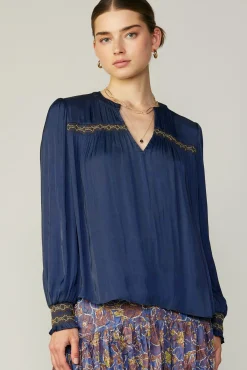Long Sleeve Tops-Current Air Santa Fe Embroidered Blouse NAVY